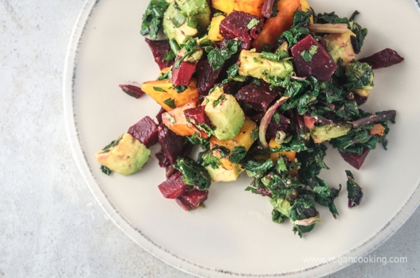 Beet, Beet Green, and Avocado Salad with Tahini Lemon Dressing