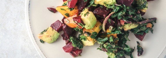 Beet, Beet Green, and Avocado Salad with Tahini Lemon Dressing