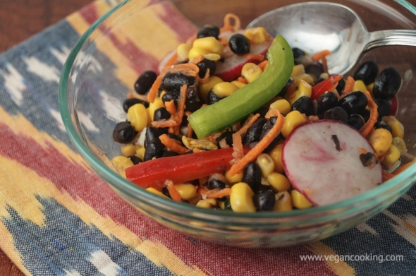 Corn, Black Bean, and Radish Salad with Spicy Vegan Dressing